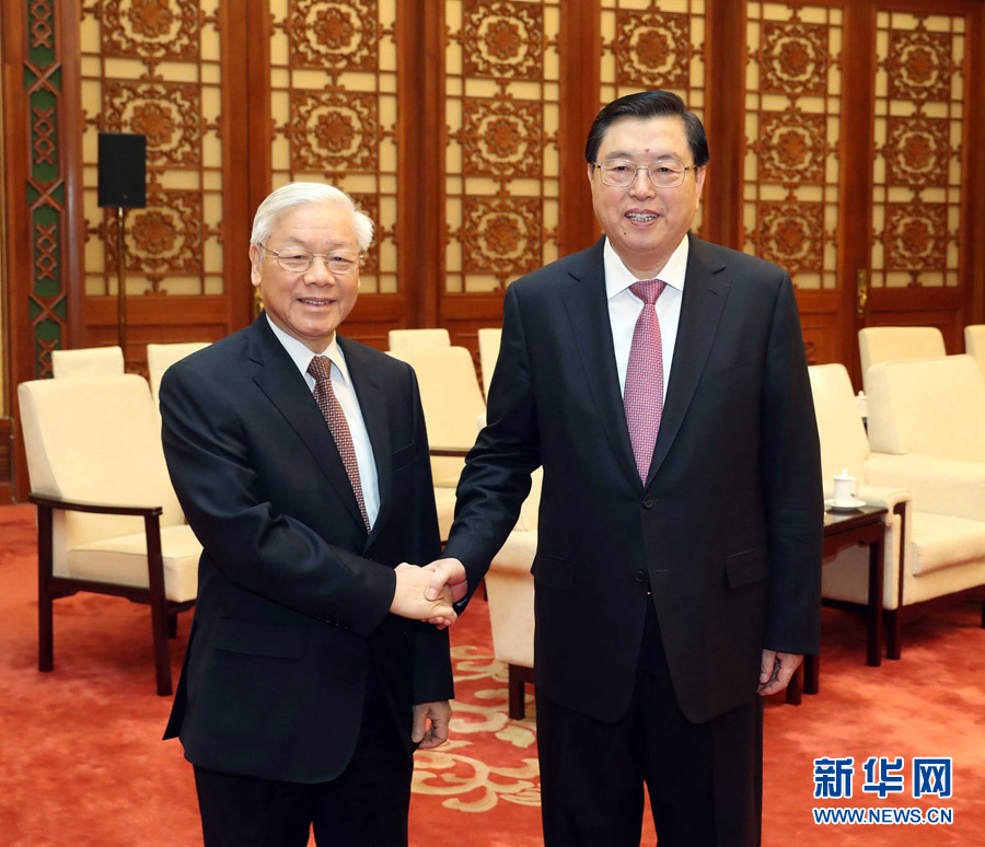 1月13日，中共中央政治局常委、全國(guó)人大常委會(huì)委員長(zhǎng)張德江在北京人民大會(huì)堂會(huì)見越共中央總書記阮富仲。 新華社記者 劉衛(wèi)兵 攝
