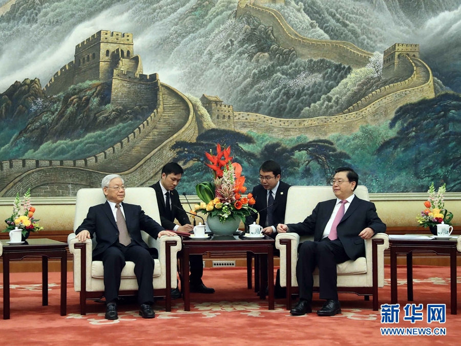 1月13日，中共中央政治局常委、全國(guó)人大常委會(huì)委員長(zhǎng)張德江在北京人民大會(huì)堂會(huì)見越共中央總書記阮富仲。 新華社記者 劉衛(wèi)兵 攝