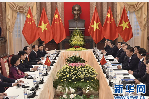 11月6日，中共中央總書記、國家主席習近平在河內同越南國家主席張晉創舉行會談。 新華社記者李濤攝